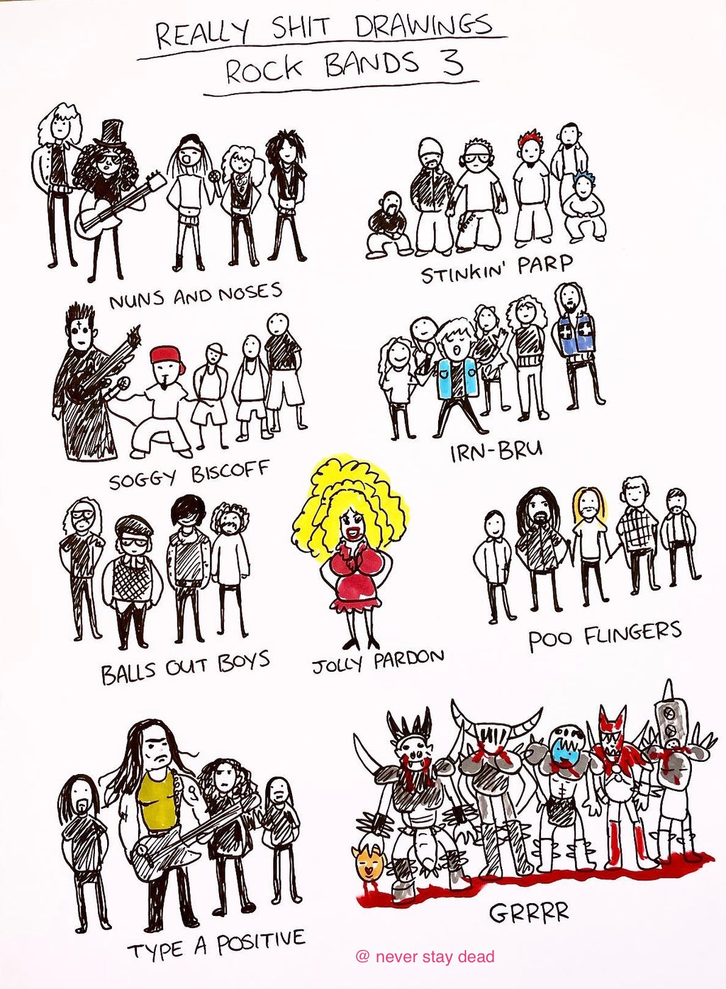 Original ‘Really Bad Drawings Of Rock Bands Part 3’ Doodle Sheet (A5)