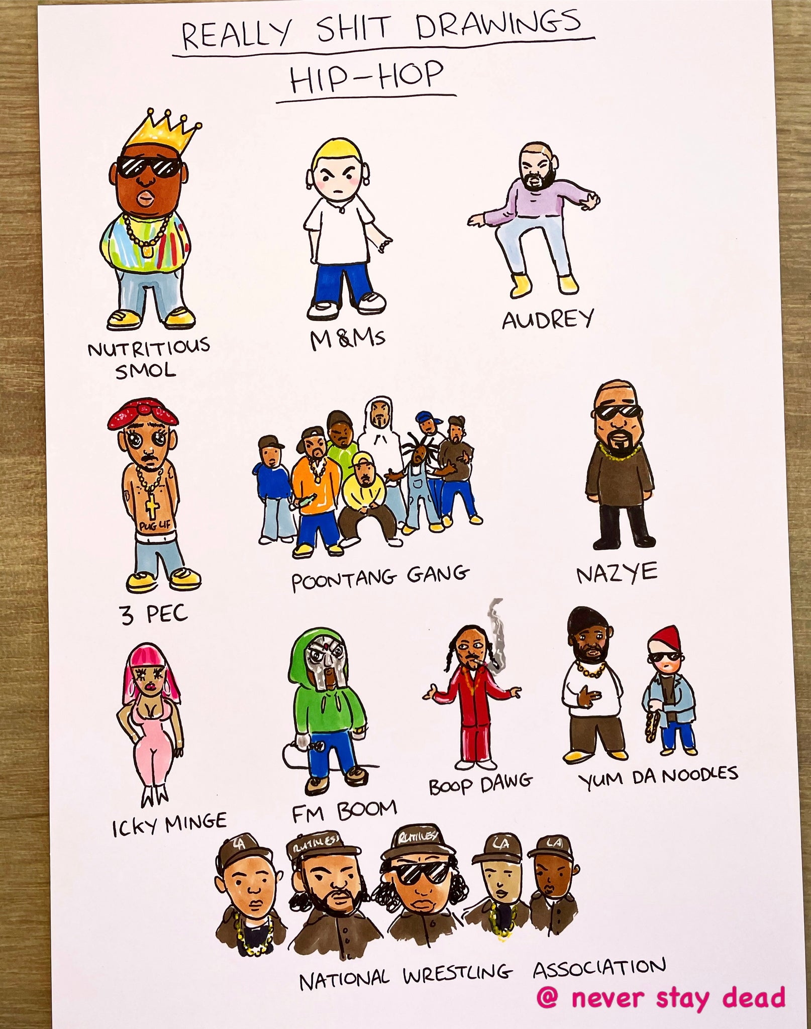 Original ‘Really Bad Drawings: Hip-Hop’ Doodle Sheet (A4) – Never Stay Dead