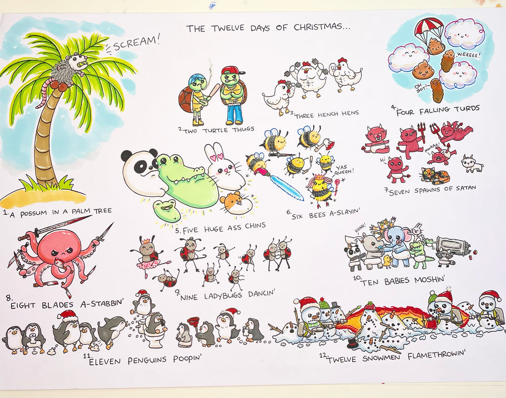 Original ‘12 Days Of Christmas’ Doodle Sheet (A3)