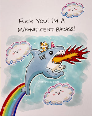 Mini Original ‘Kitty Riding A Fire Breathing Muscle Shark Unicorn’ Drawing (A5)