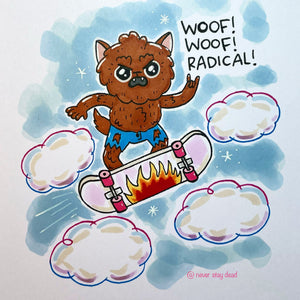 Mini Original ‘Skateboarding Werewolf’ Doodle (A5)
