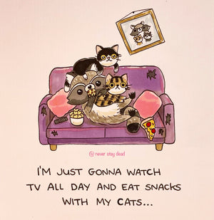 Mini Original ‘Raccoon & Cats Watching TV’ Drawing (A5)