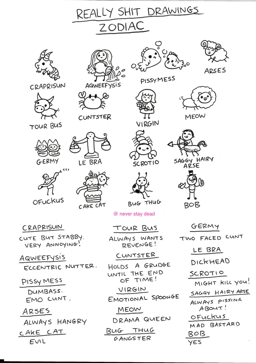 Original ‘Really Bad Drawings - Zodiac’ Doodles (A4) – Never Stay Dead