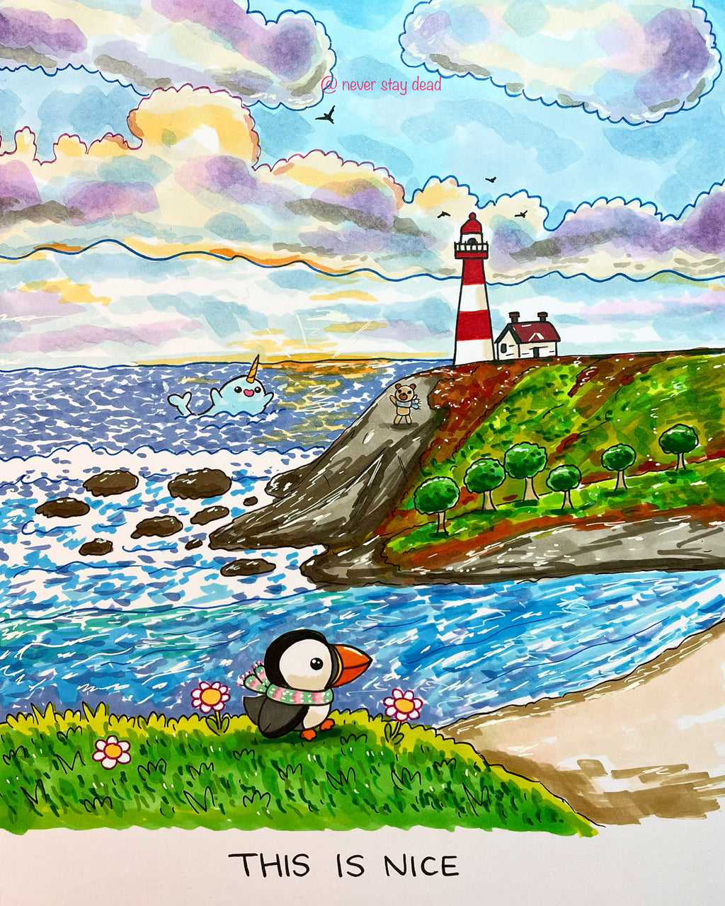 Original ‘Puffin & Lighthouse’ Drawing (A4)
