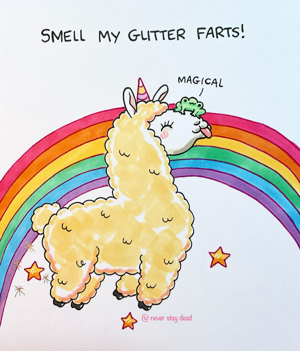 Mini Original ‘Unicorn Llama & Baby Frog’ Doodle (A5)
