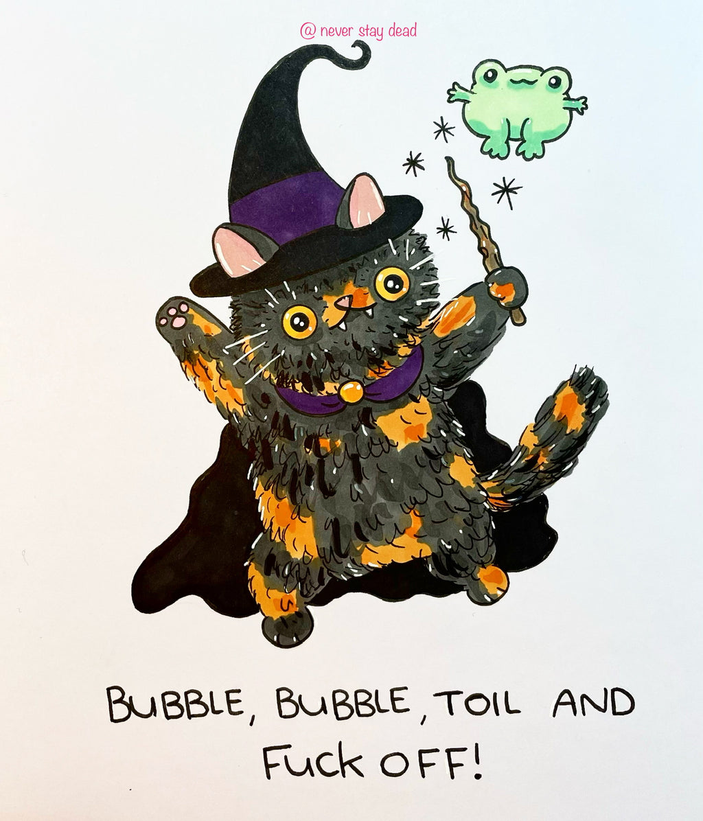 Mini Original ‘Bubble, Bubble…Tortie Witch’ Doodle (A5)